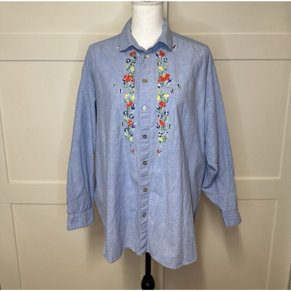 Jackpot Denim Button Down Shirt Women’s Sz XL Long Sleeve Chambray Embroidered - Picture 1 of 10